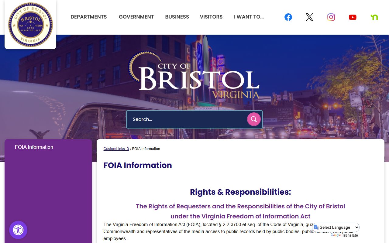 Bristol Virginia FOIA information page for police records requests