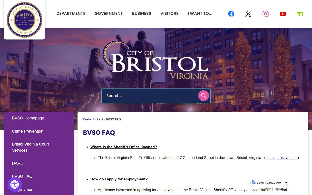 Bristol Virginia Sheriff's Office FAQ page for records requests