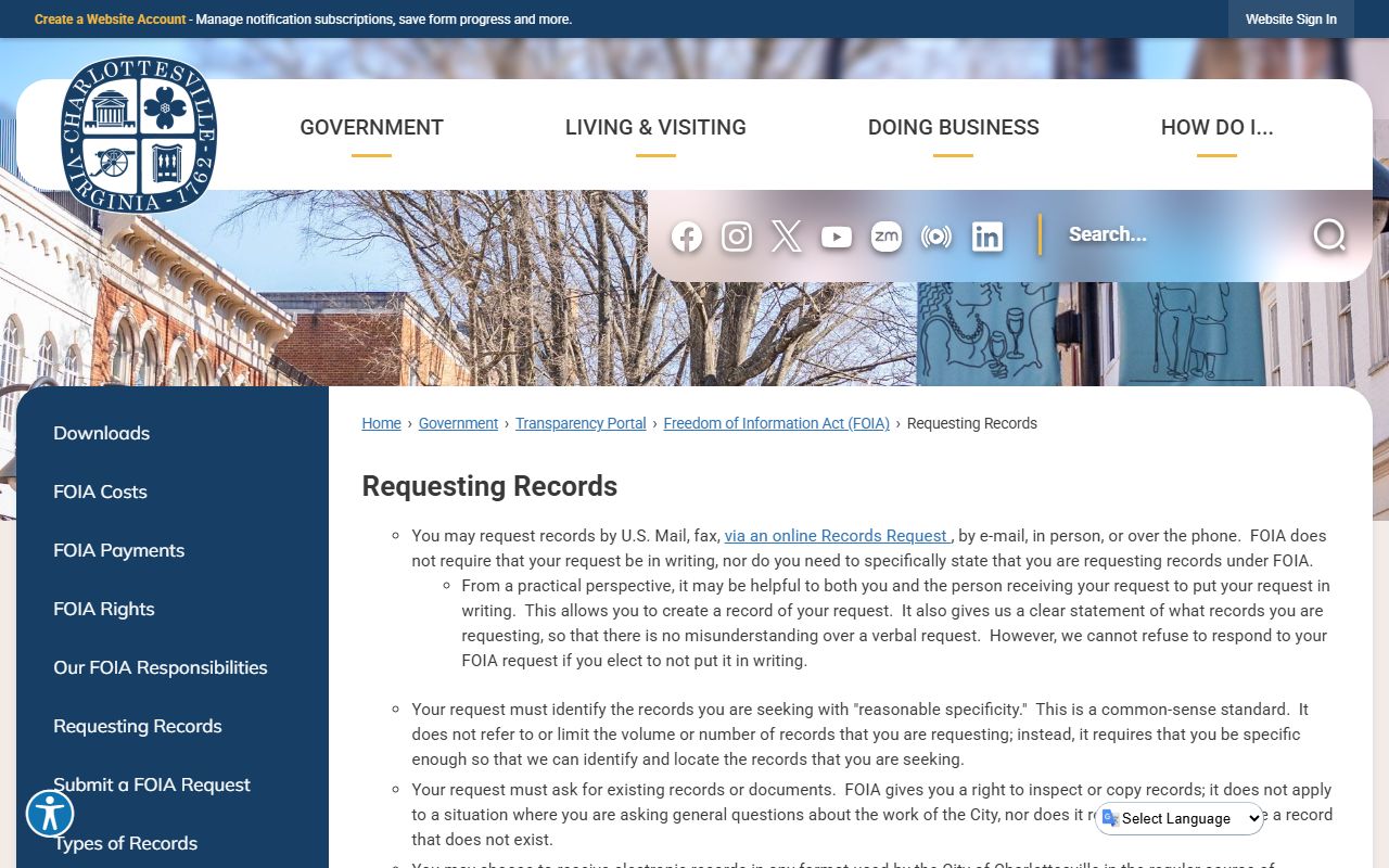 Charlottesville FOIA records request page for police records