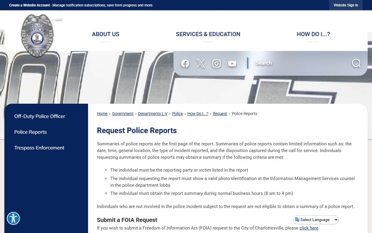 Charlottesville Police Department reports page explaining how to request police records