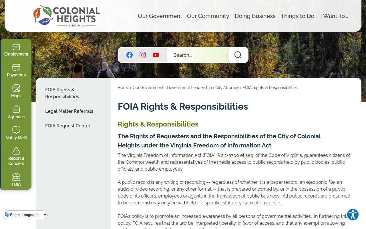Colonial Heights FOIA rights and responsibilities page for police records