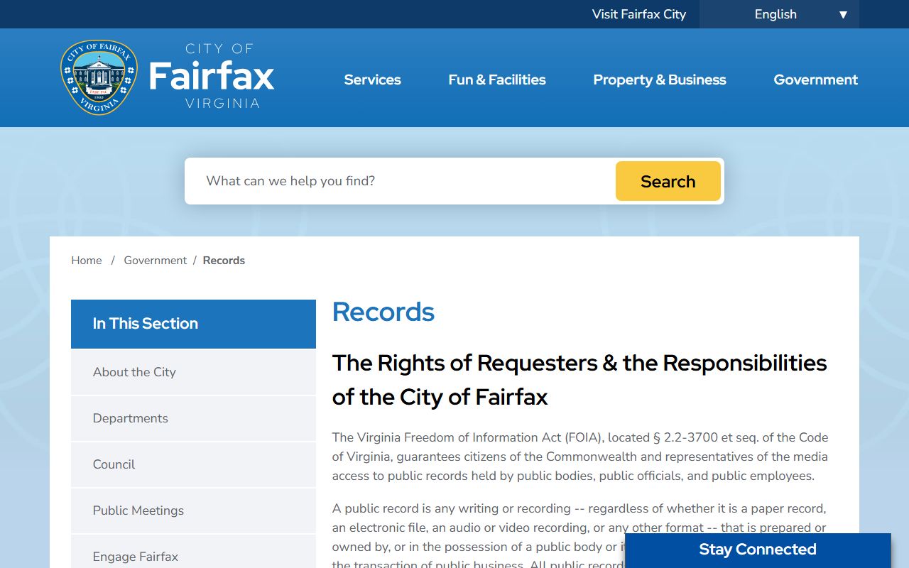 Fairfax City Government Records page showing FOIA policy for police records requests