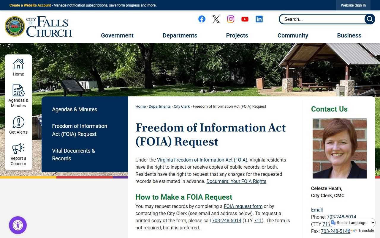 Falls Church FOIA Request page showing procedures for accessing police records