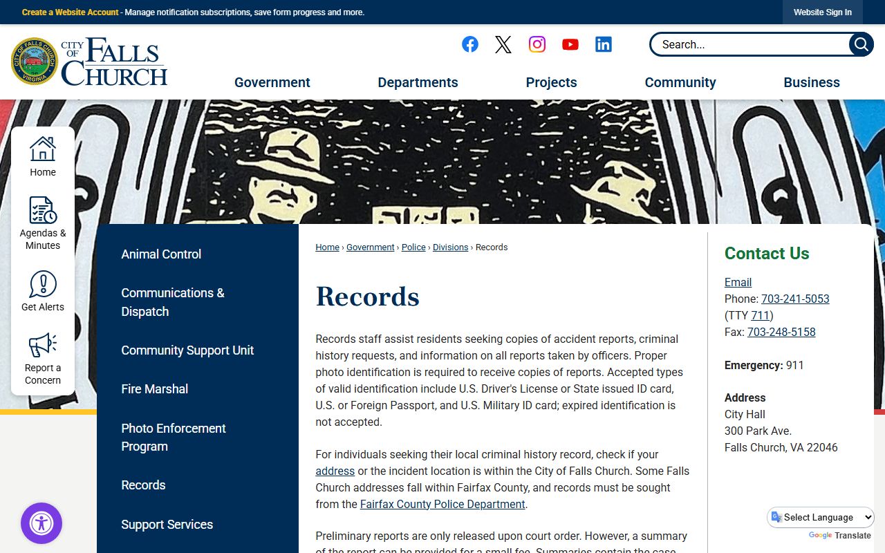 Falls Church Police Records Division page with information on report requests and ID requirements