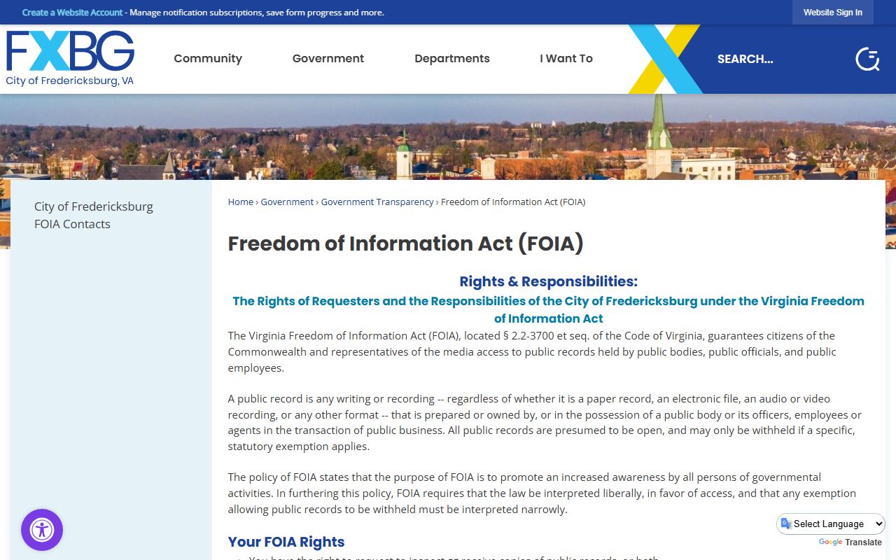 Fredericksburg Circuit Court Clerk FOIA page with records request procedures