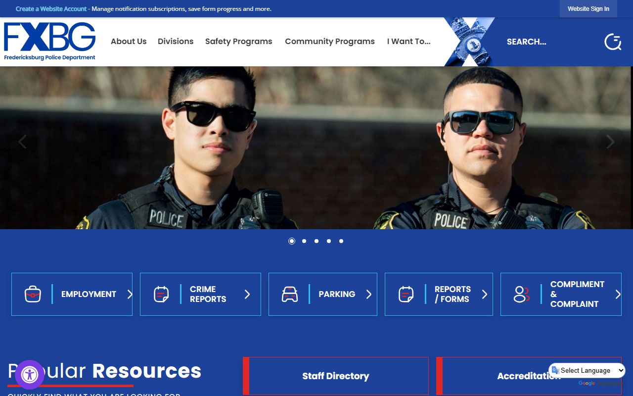 Fredericksburg Police Department website showing records office contact information