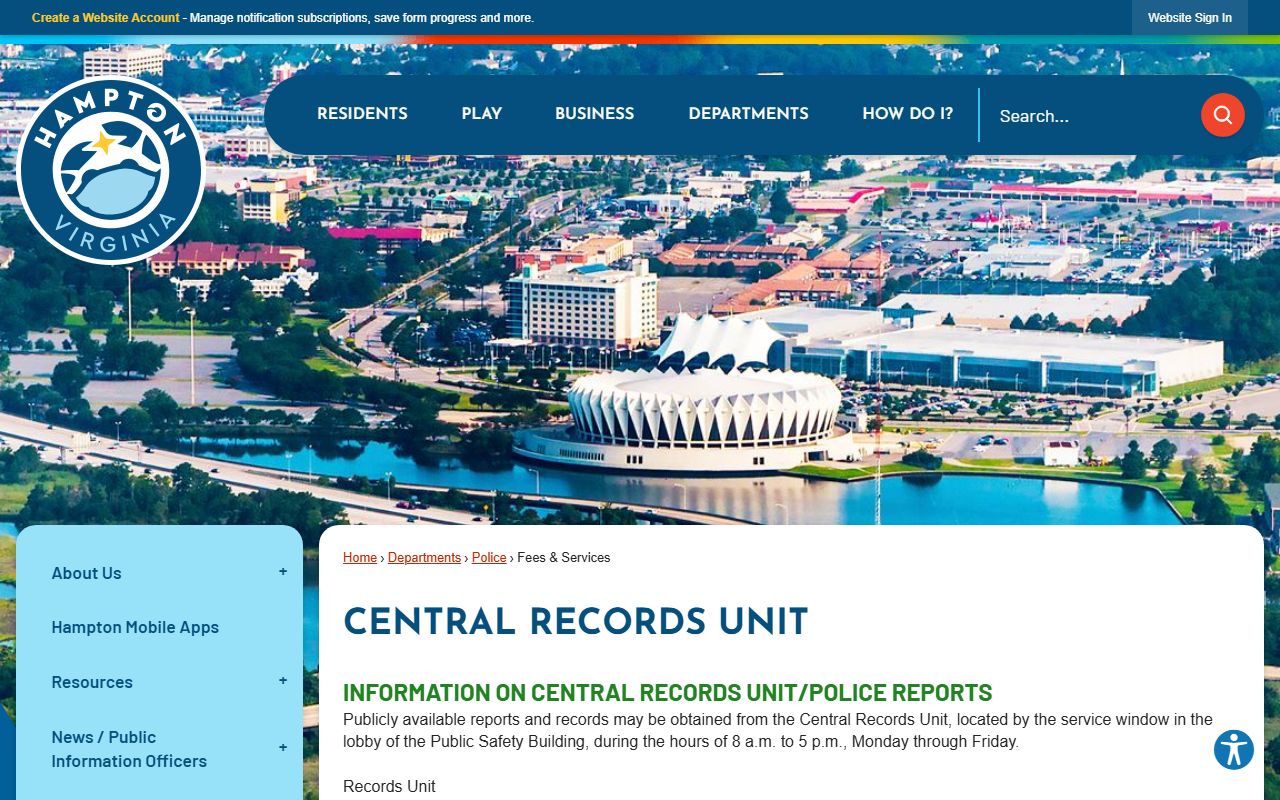 Hampton Police Division records and fees information page