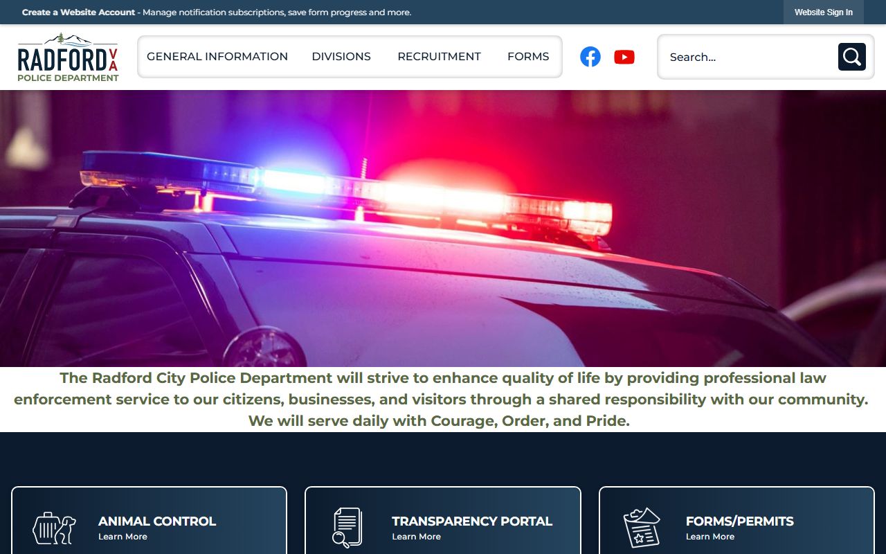 Radford Police Department website showing contact information for police records requests