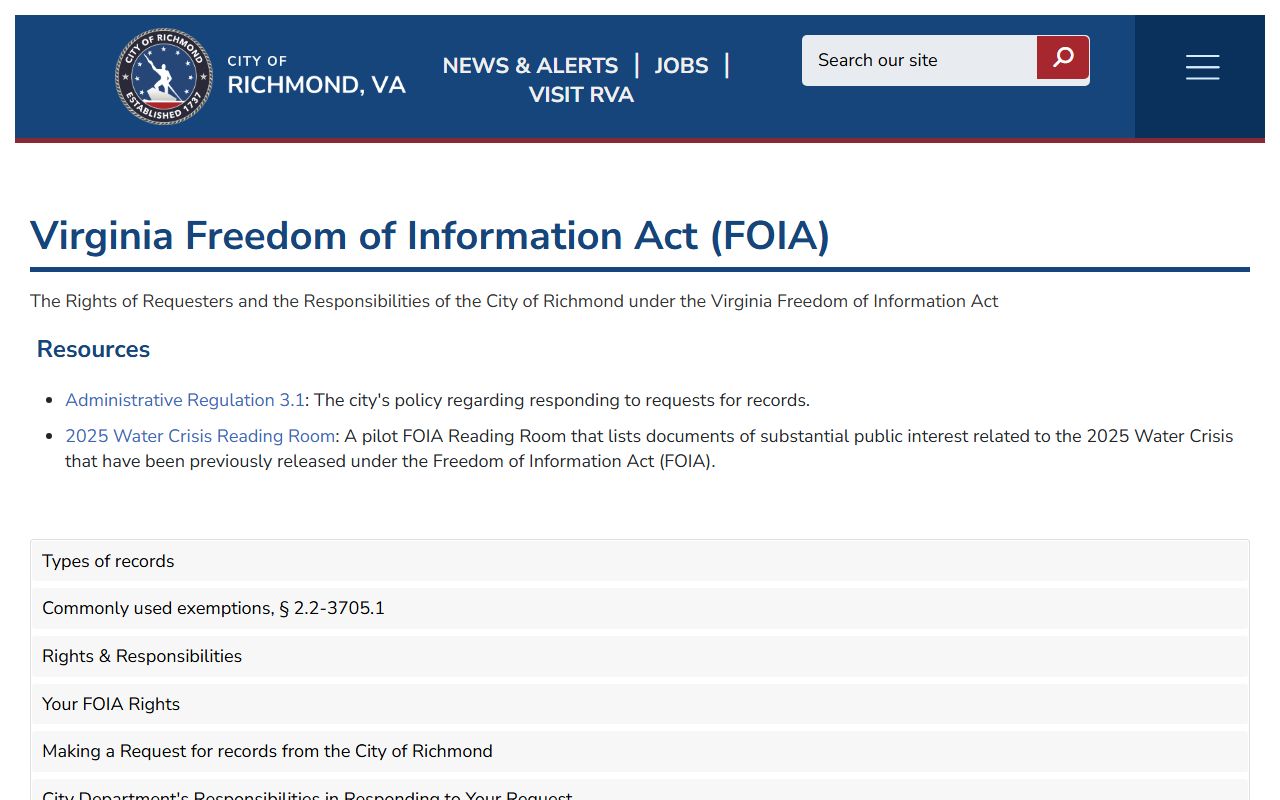 Richmond city FOIA information page for requesting police records