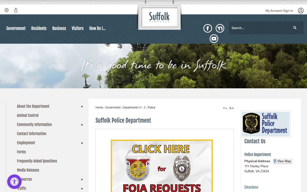 Suffolk Police Department website homepage for Suffolk police records