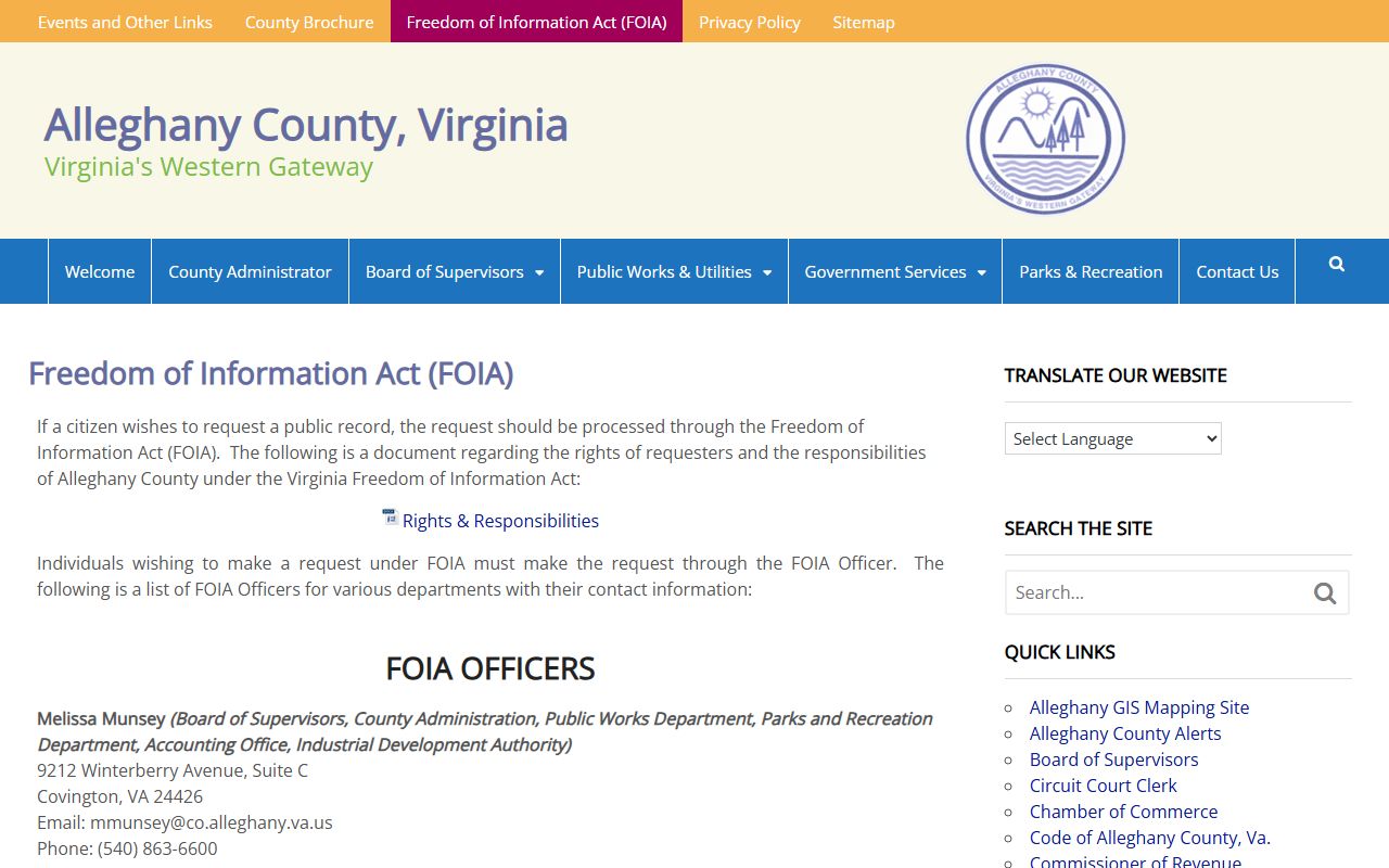 Alleghany County police records FOIA request procedures