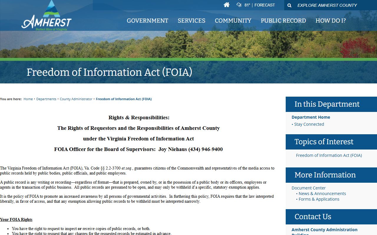 Amherst County police records FOIA request procedures