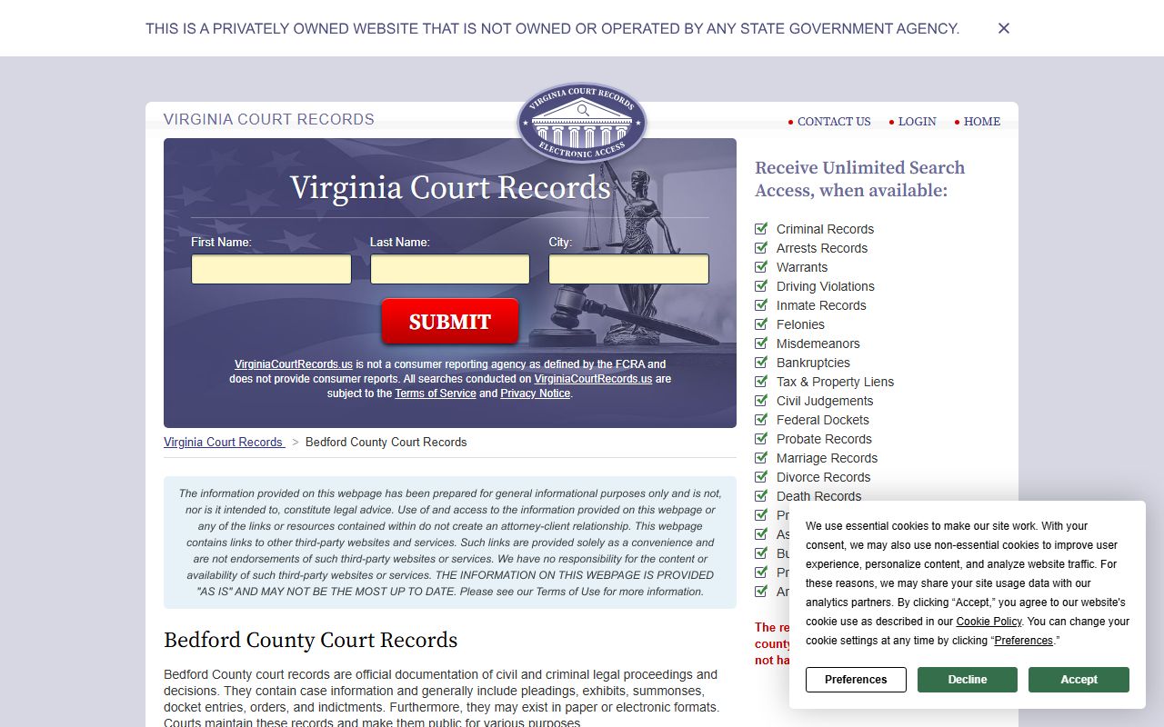 Bedford County police records and criminal records access information