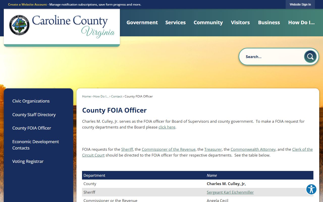 Caroline County FOIA Officer information page for police records