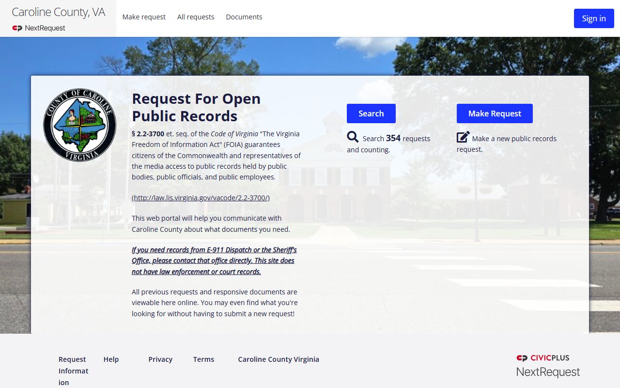 Caroline County online FOIA portal for police records requests