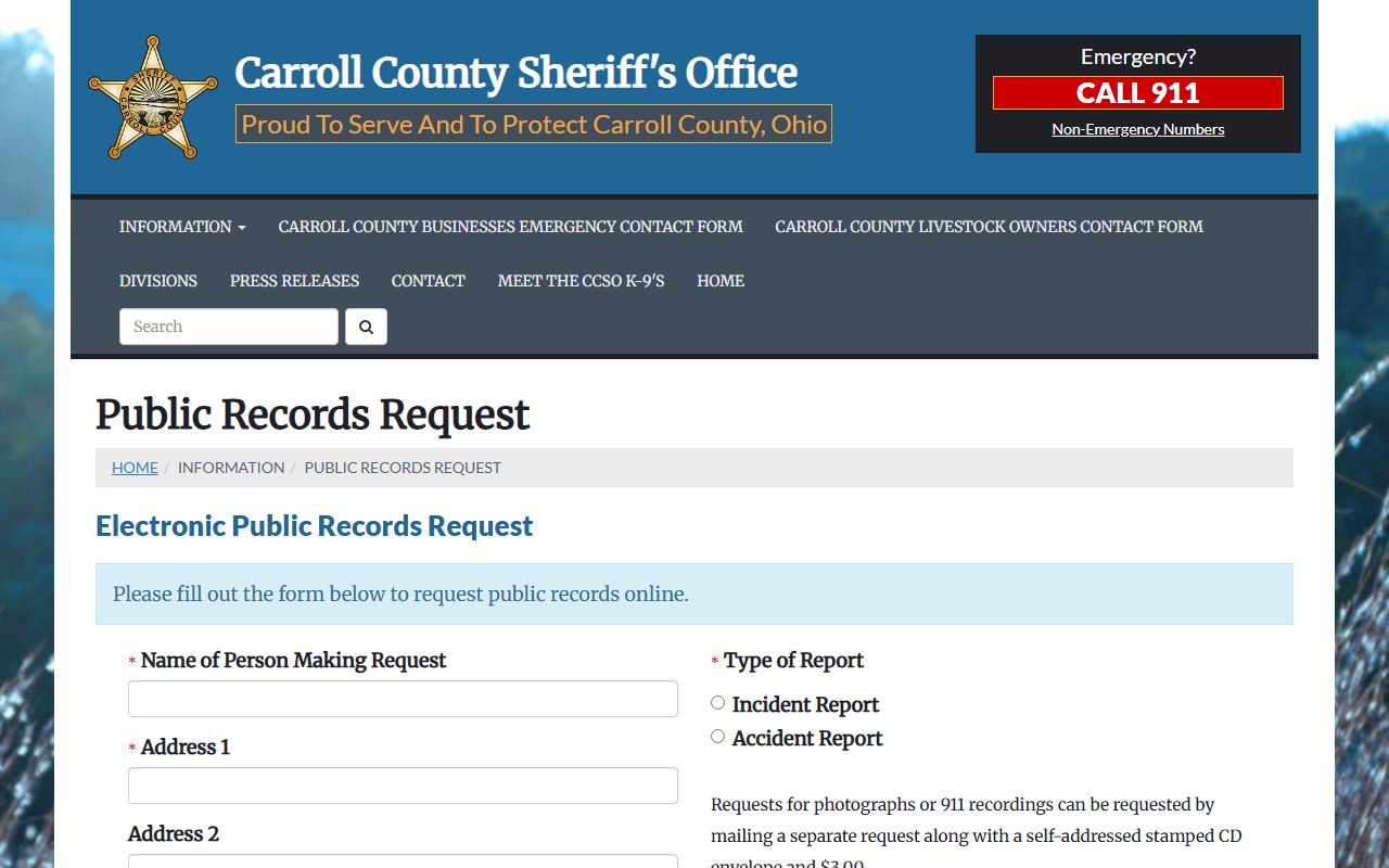 Carroll County Sheriff's Office public records request page