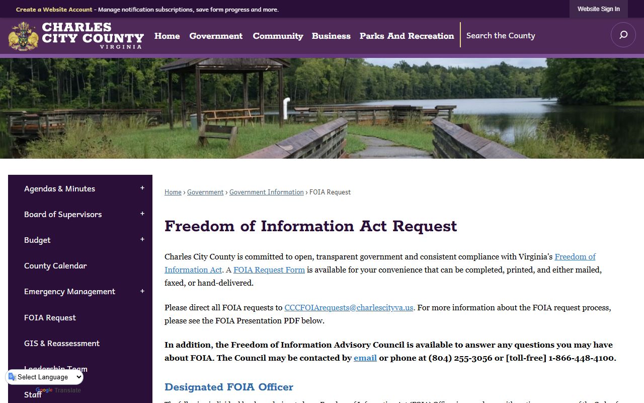 Charles City County FOIA request page for police records