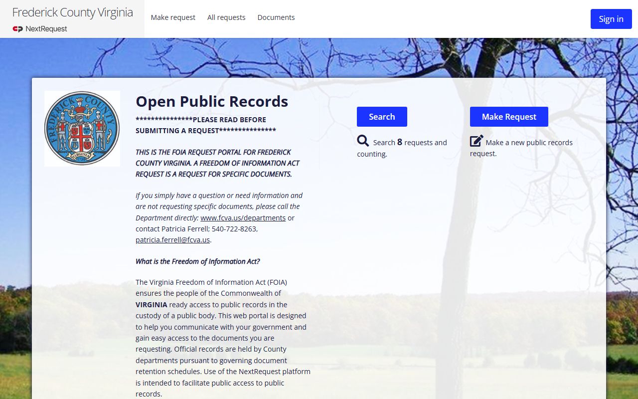 Frederick County FOIA portal for submitting police record requests