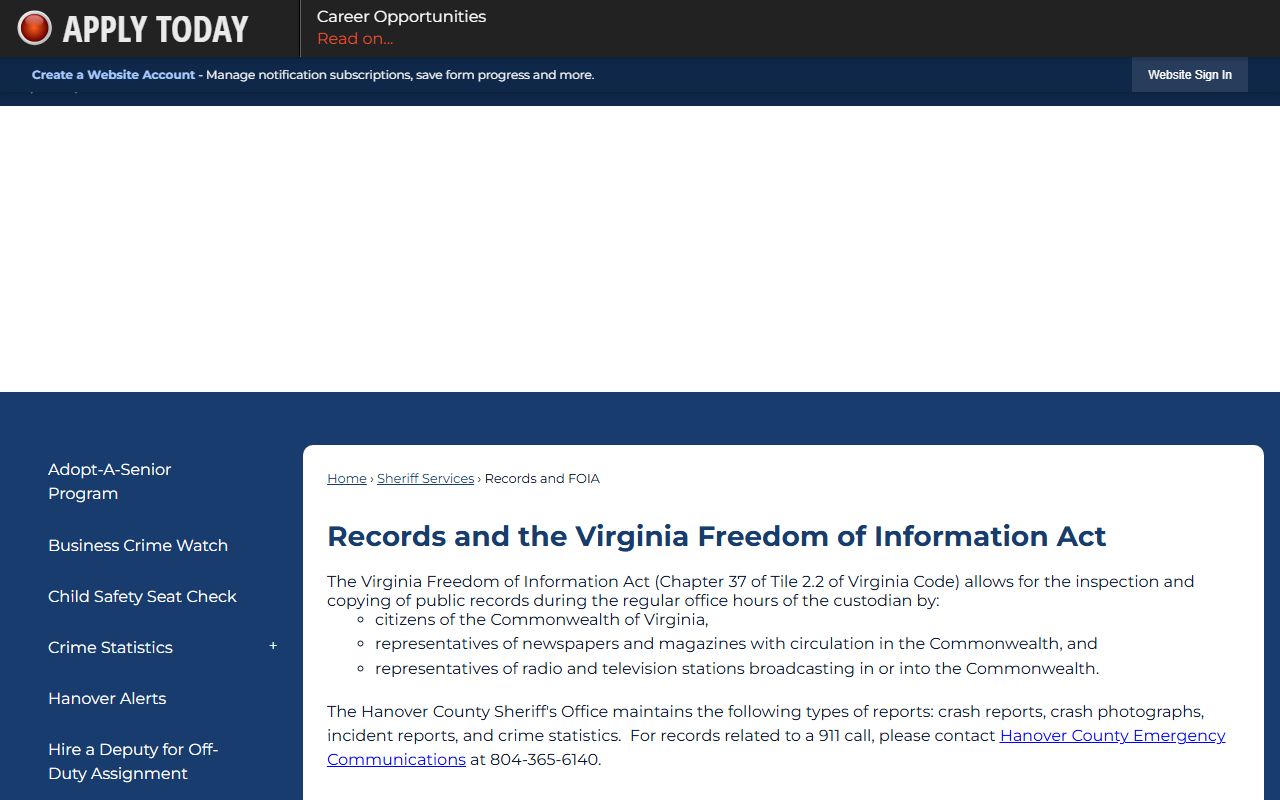 Hanover County police records Sheriff's Office FOIA page