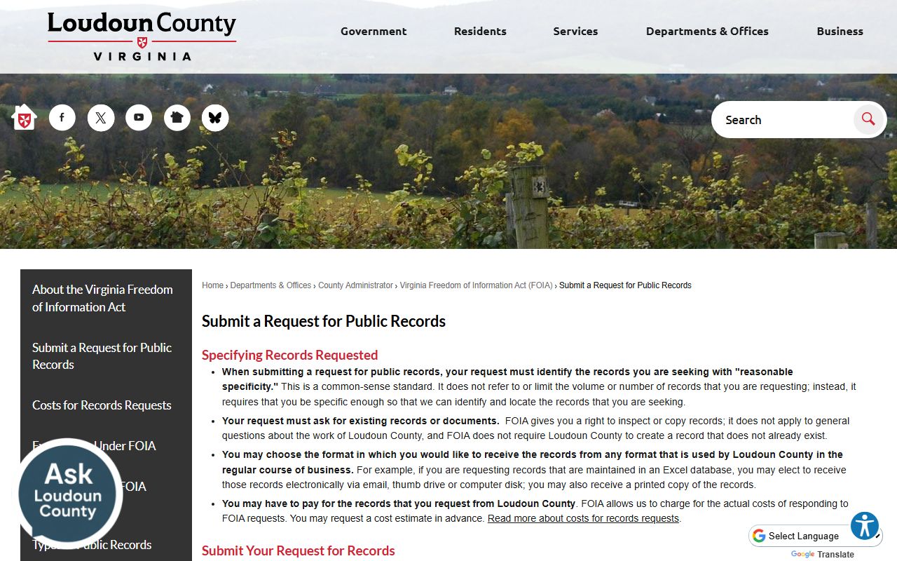 Loudoun County government FOIA online portal for police records