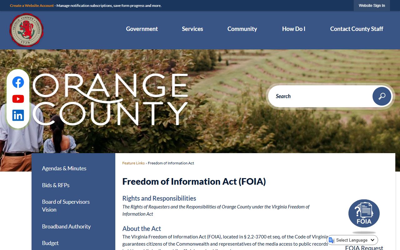 Orange County Virginia FOIA procedures page for police records