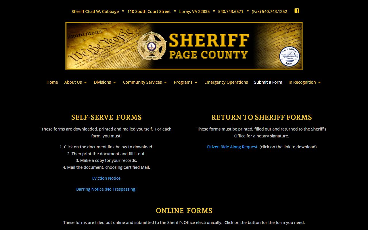 Page County Sheriff's Office FOIA forms page