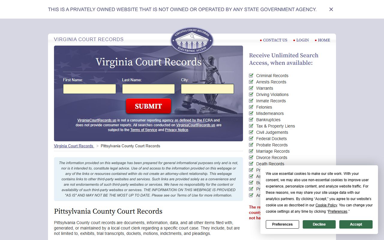 Pittsylvania County criminal records access page