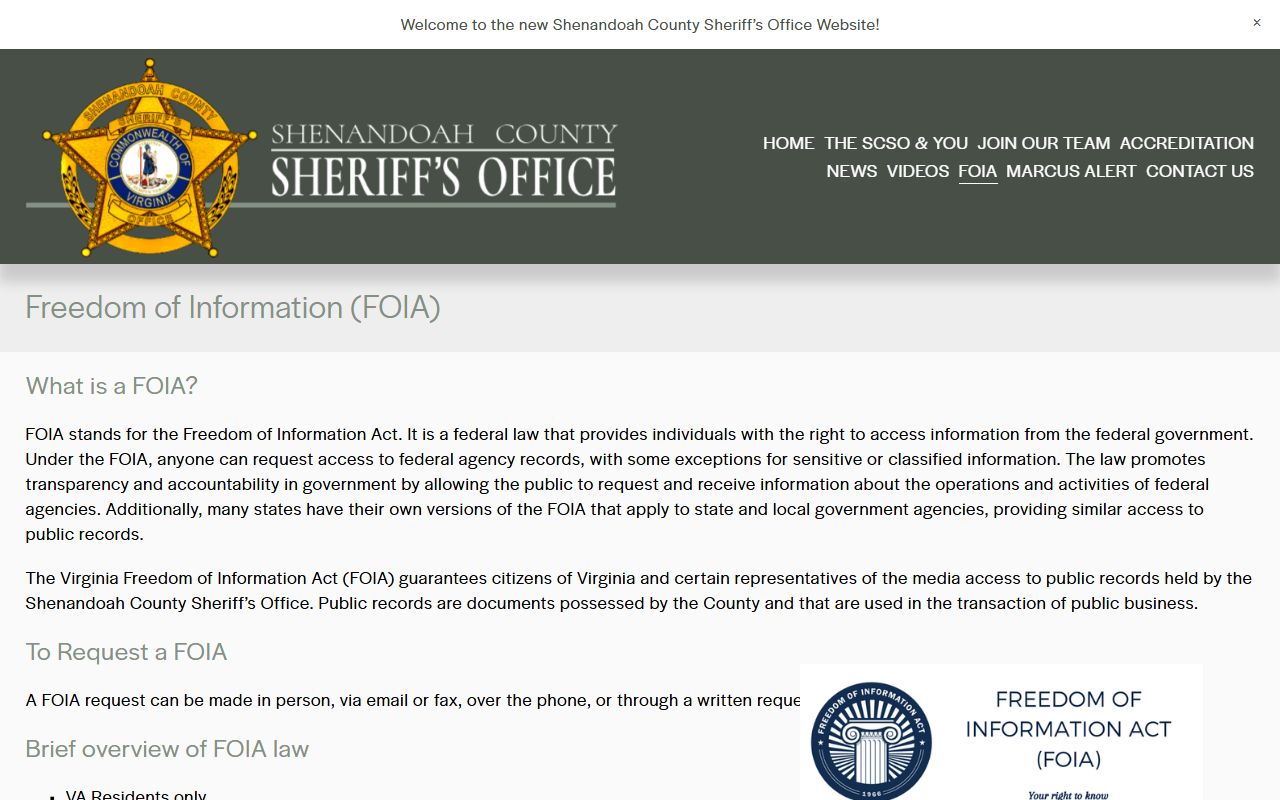 Shenandoah County police records FOIA page from the Sheriff's Office
