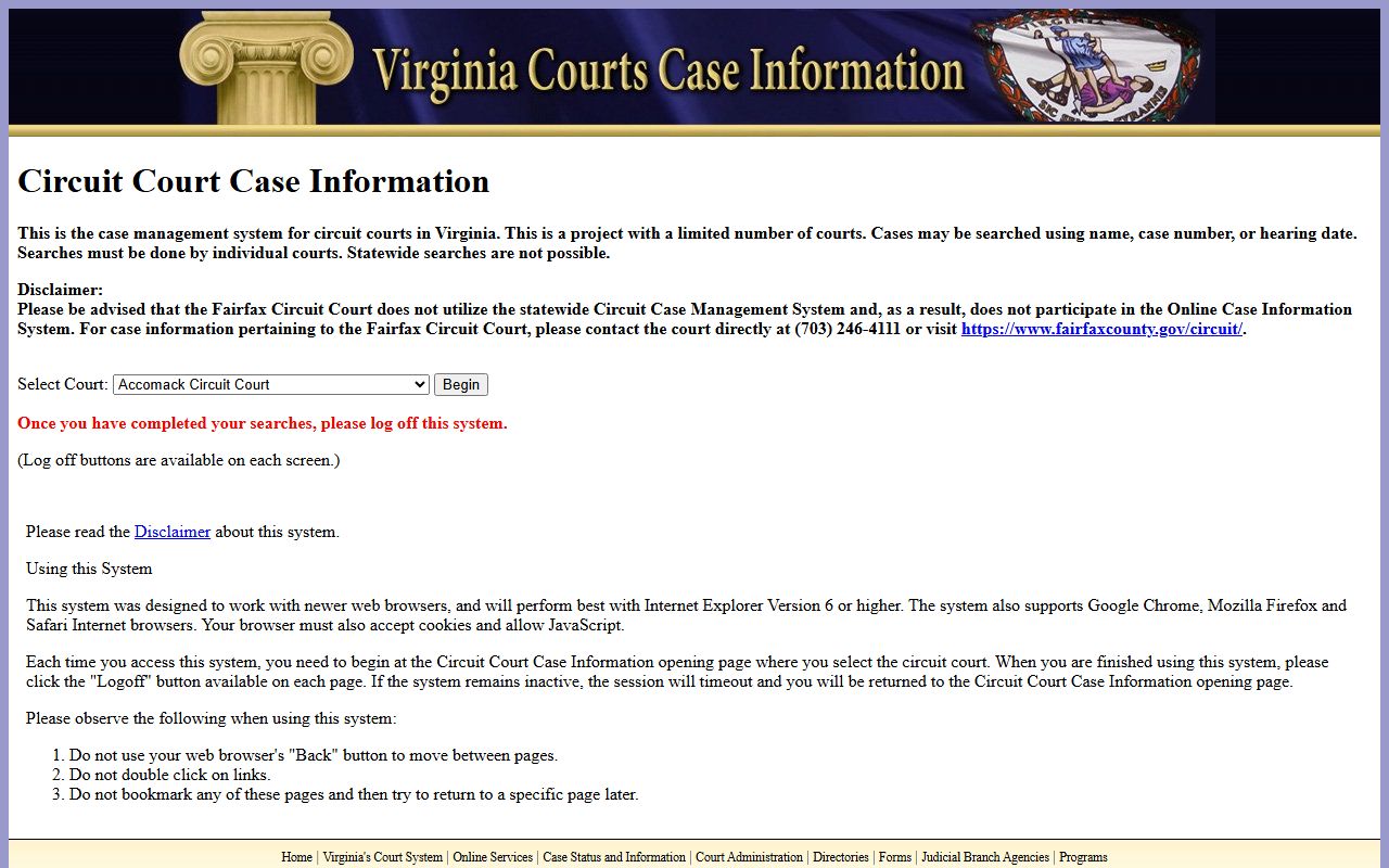 Virginia Circuit Court case information system used for Giles County record searches