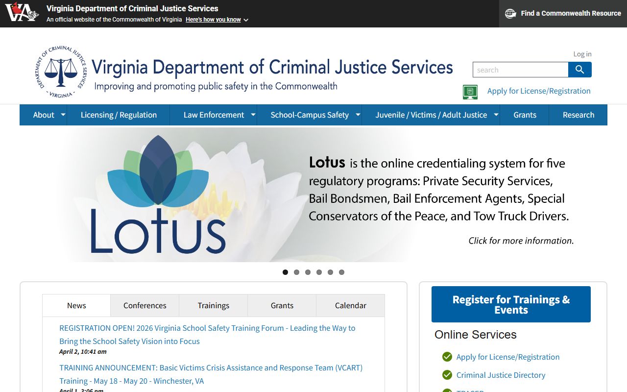 Virginia DCJS homepage for police records and victim services