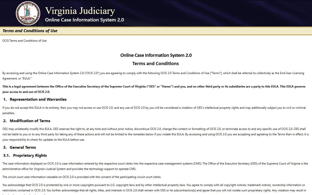 Virginia OCIS 2.0 case information system for police records search