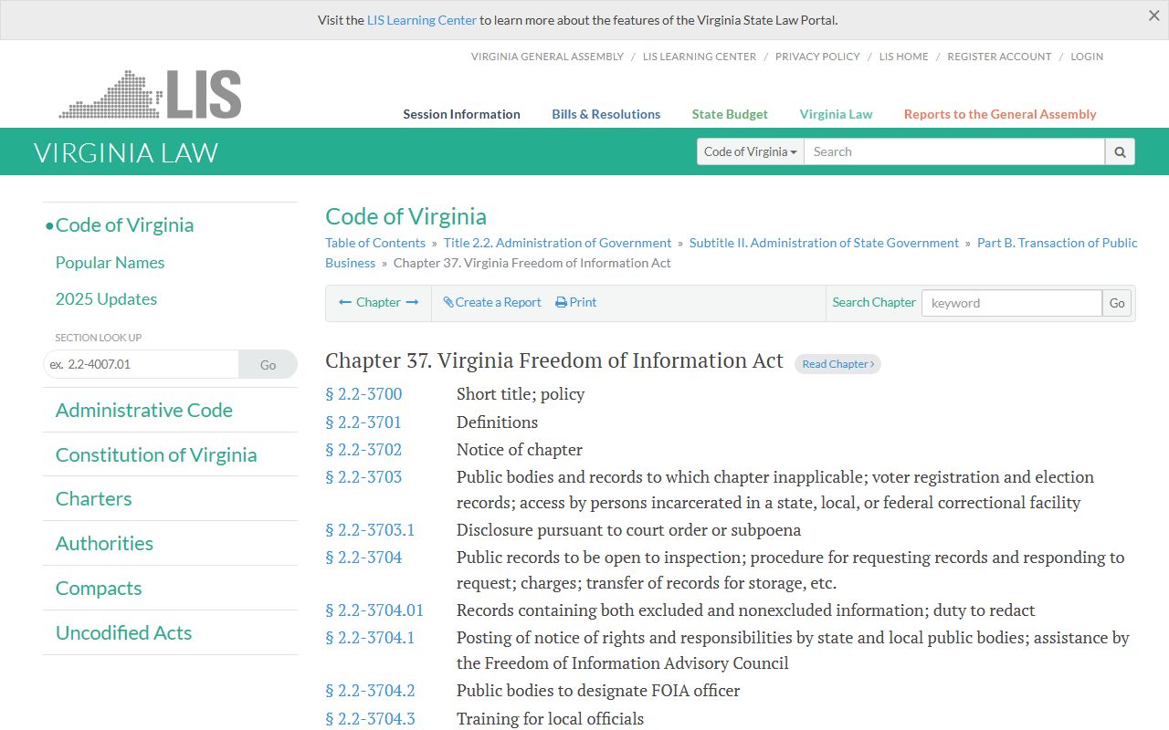 Virginia FOIA statutes page for police records access