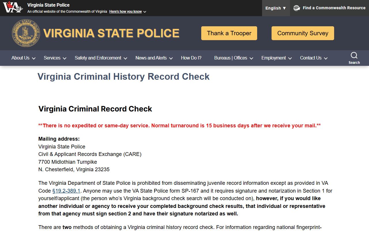 Virginia State Police criminal background checks for police records
