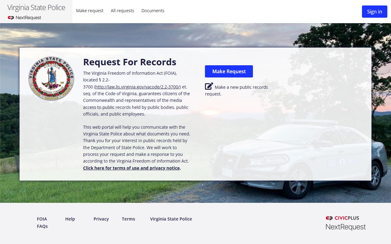 Bath County police records request through Virginia State Police FOIA portal